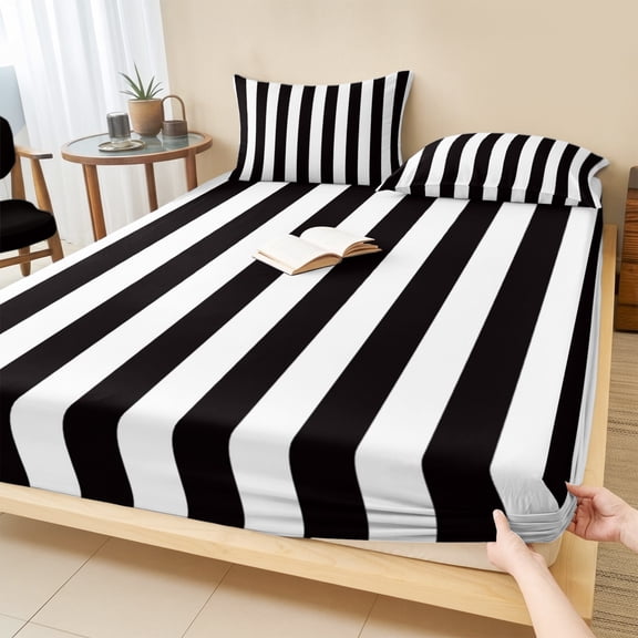 Full Size Fitted Sheet Set - Simple Black White Stripes 3 Piece Bedding Sets 16" Deep Pocket Fitted Sheet with 2 Pillowcases Modern Stripes Brushed Microfiber Hotel Luxury Bed Sheets