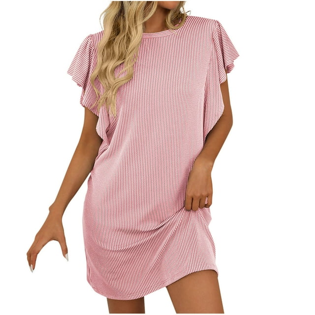 Amzcrzy Robe Décontractée Mini pour Femmes Couleur Unie Été Robe de Plage Ligne A Manches à Volants Col Rond Robe Fluide Mini avec Poches