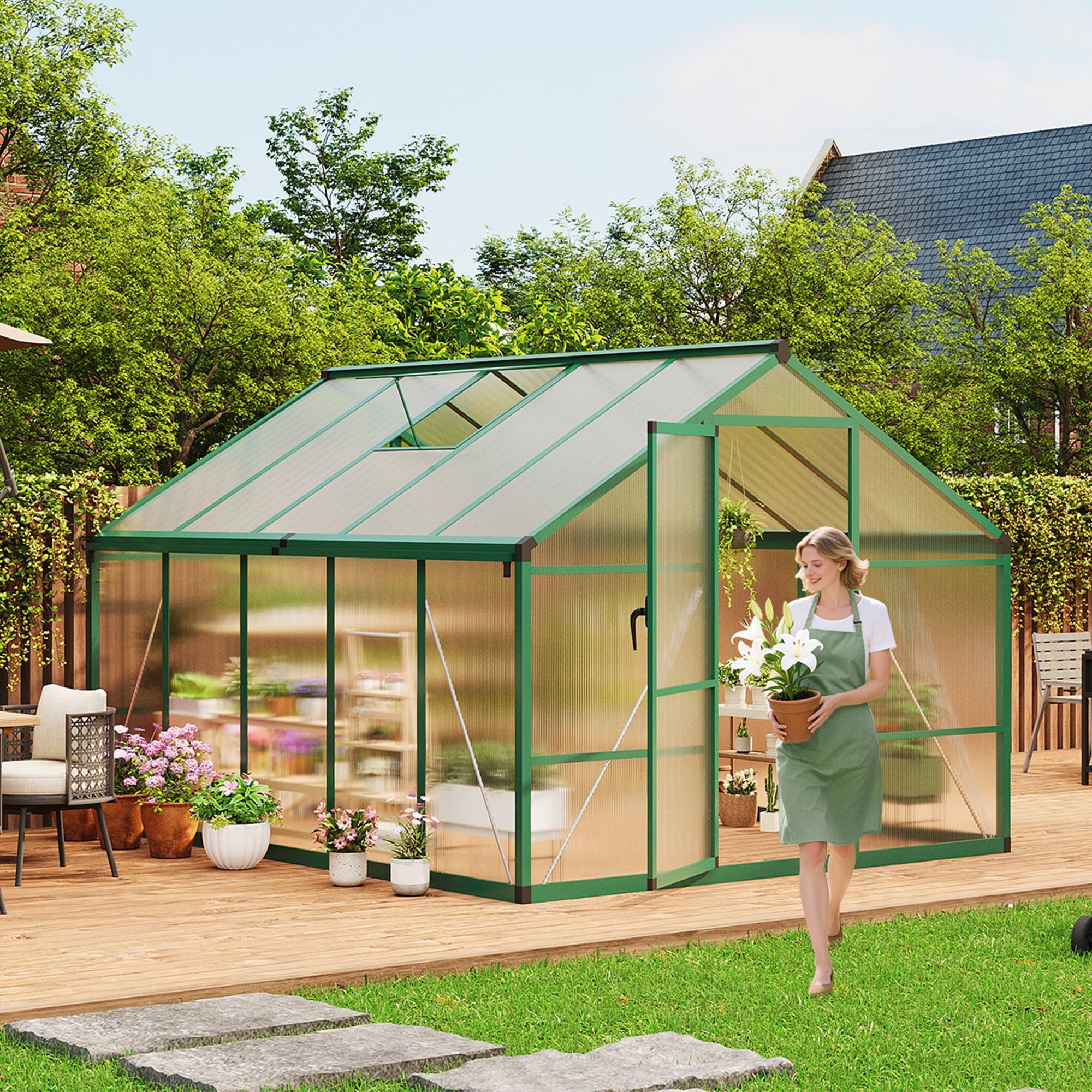 8x12FT Walk-in Green Houses,Large Aluminum Greenhouses for Outdoors,Heavy Duty Polycarbonate Greenhouse with Roof Vent, Greenhouse for Winter Garden,Backyard,Patio,Lawn,Easy Assembly(ship in 2 boxes)