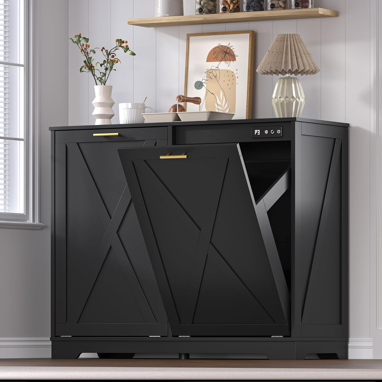 FANRAL Tilt Out Trash Can Cabinet for 2 Bins,Hidden Recycle Garbage Enclosure with Negative Ion & Ozone Odor Control,Wooden Double Storage Cabinet for Kitchen Bathroom Laundry Room