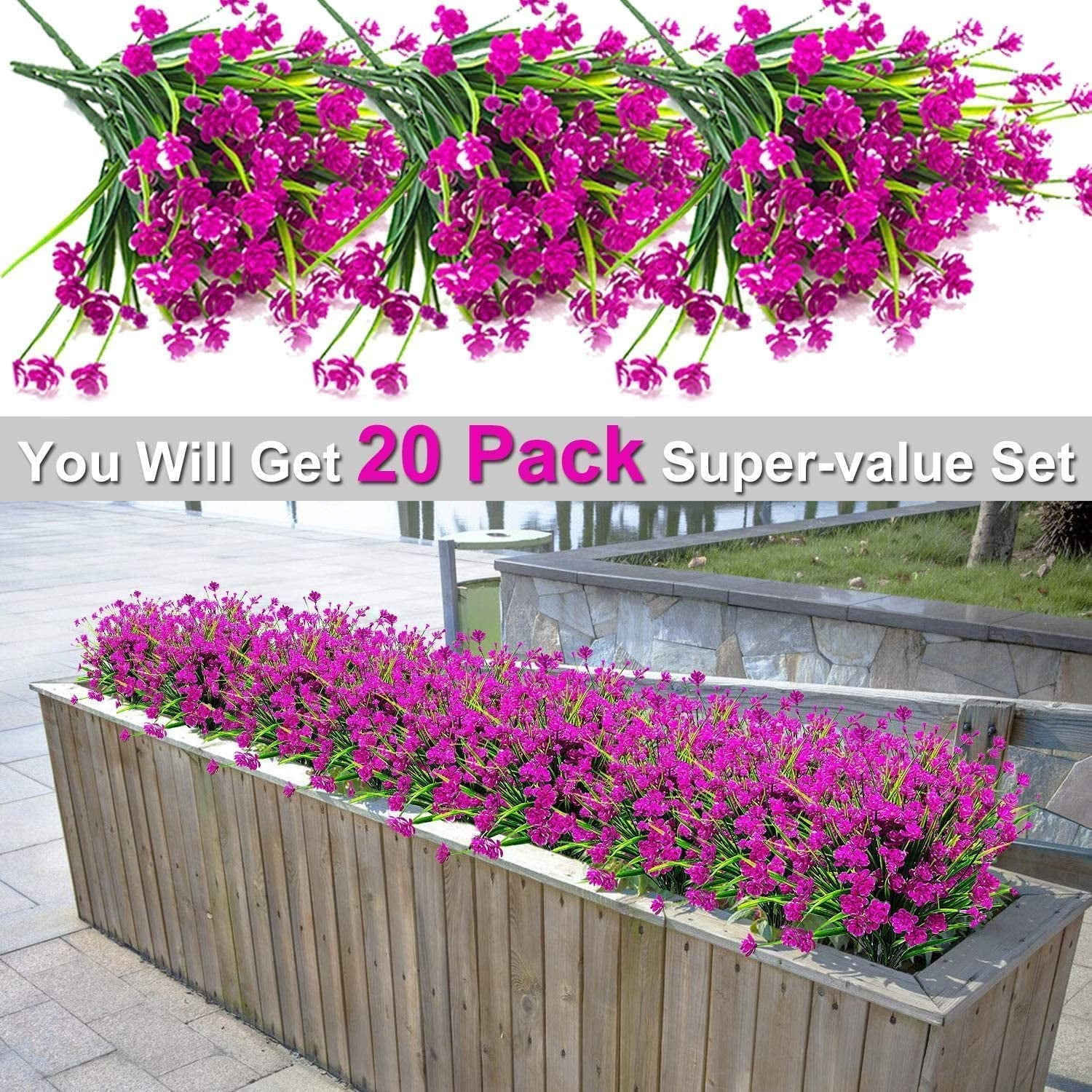 GRNSHTS 20 Bundles Artificial Flowers for Outdoor Decoration, Spring Decoration UV Resistant Faux Outdoor Plastic Greenery Shrubs Plants Artificial Fake Flowers Hanging Planter Home Garden Decor