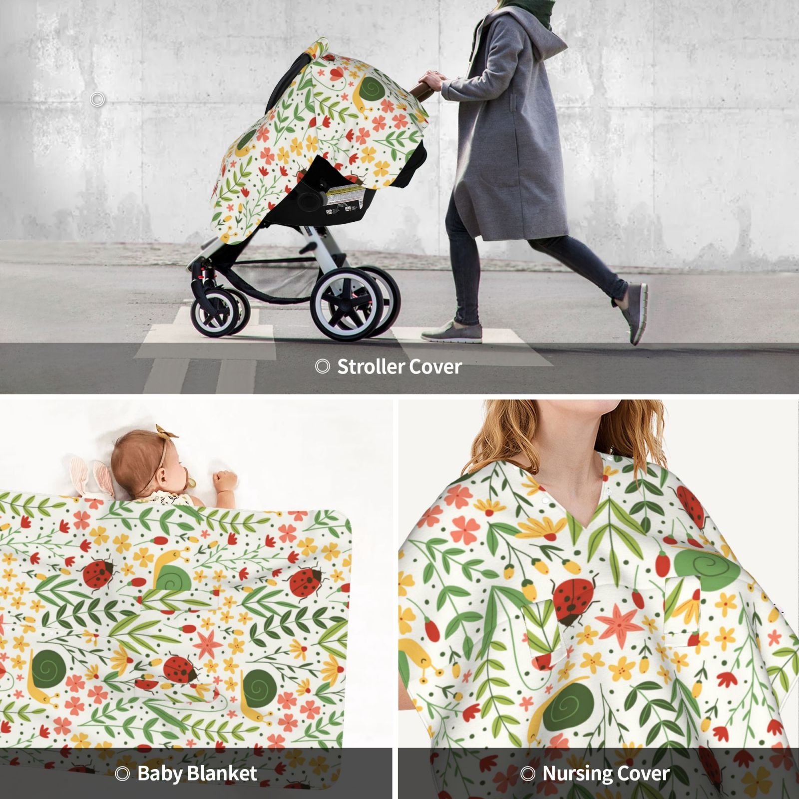Car Seat Cover Baby - Ladybug And Wild Flowers Breathable Infant Car Seat Cover for Baby Carseat, Lightweight Comfort Baby Essentials Must Haves Newborn Stuff for Girl Boy
