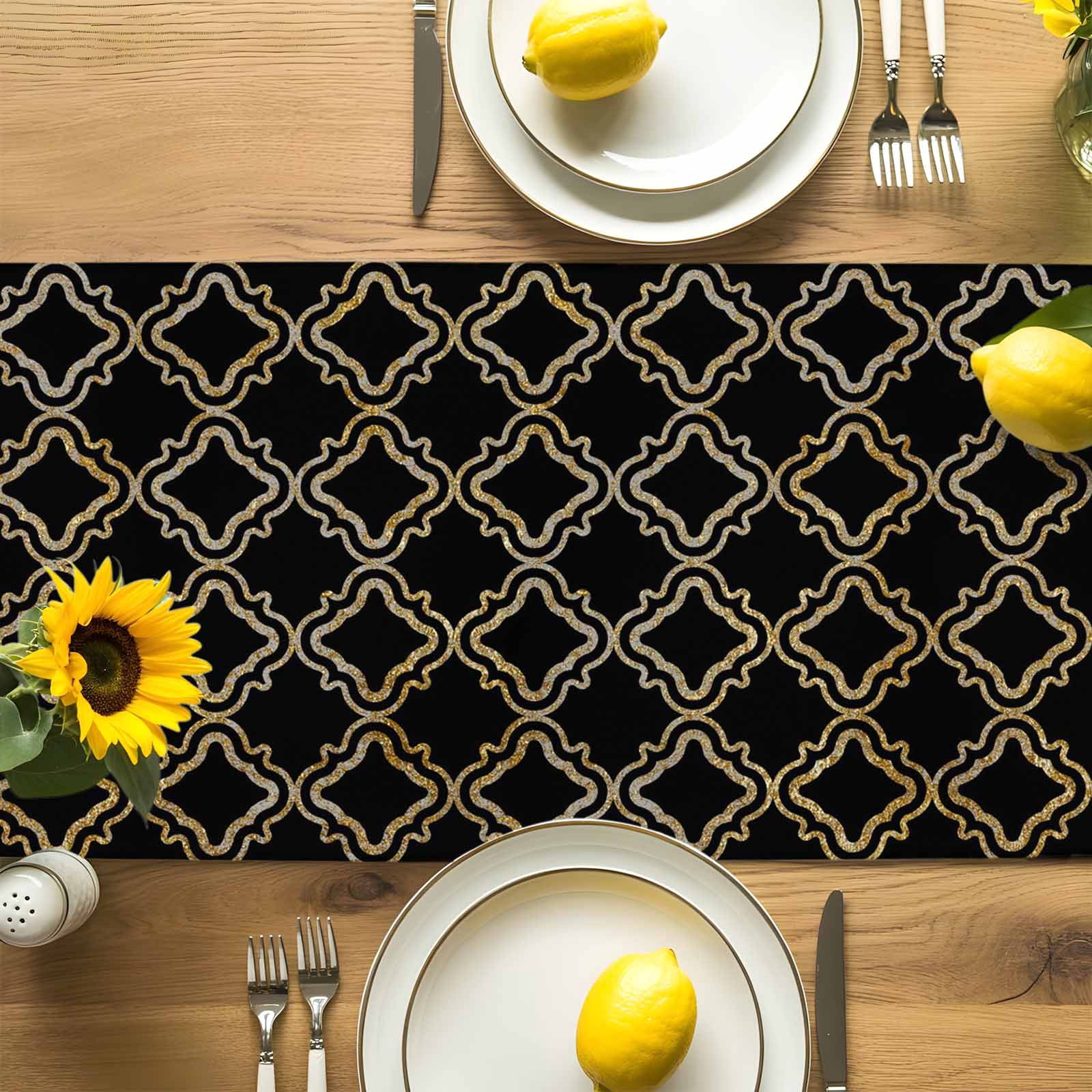 Abstract Geometric Table Runner 18x72 Inch Modern Gold and Black Retro Plaid Texture Cotton Linen Dining Table Runner Ideal for Dresser Kitchen Coffee Tables - Machine Washable