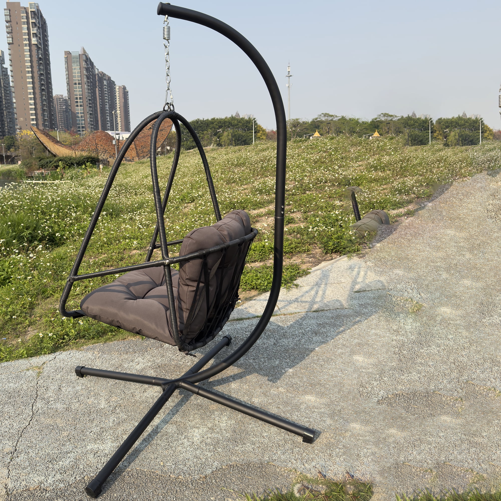 Miniyam Outdoor Hanging Egg Chair with Stand, Foldable Swing Chair with Cup Holder, Rattan Wicker Patio Chair with Cushions for Adults and Kids, Black