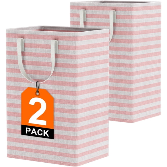 ABCPOW 2 Pack Large Laundry Basket,Waterproof Freestanding Laundry Hamper,Collapsible Tall Clothes Hamper w/ Extended Handles for Clothes Toys in the Laundry Room Dorm(Pink, 2 x 75L)