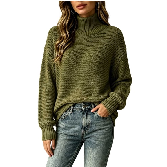 Edvintorg Sweater for Women Long Sleeve Casual Pullover Top High Neck Loose Knit Sweaters Plus Size Womens Fashion Army Green XXXL