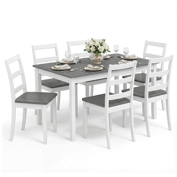 Gymax 7-Piece Dining Set Solid Wood Kitchen Furniture w/ Rectangular Table & 6 Chairs