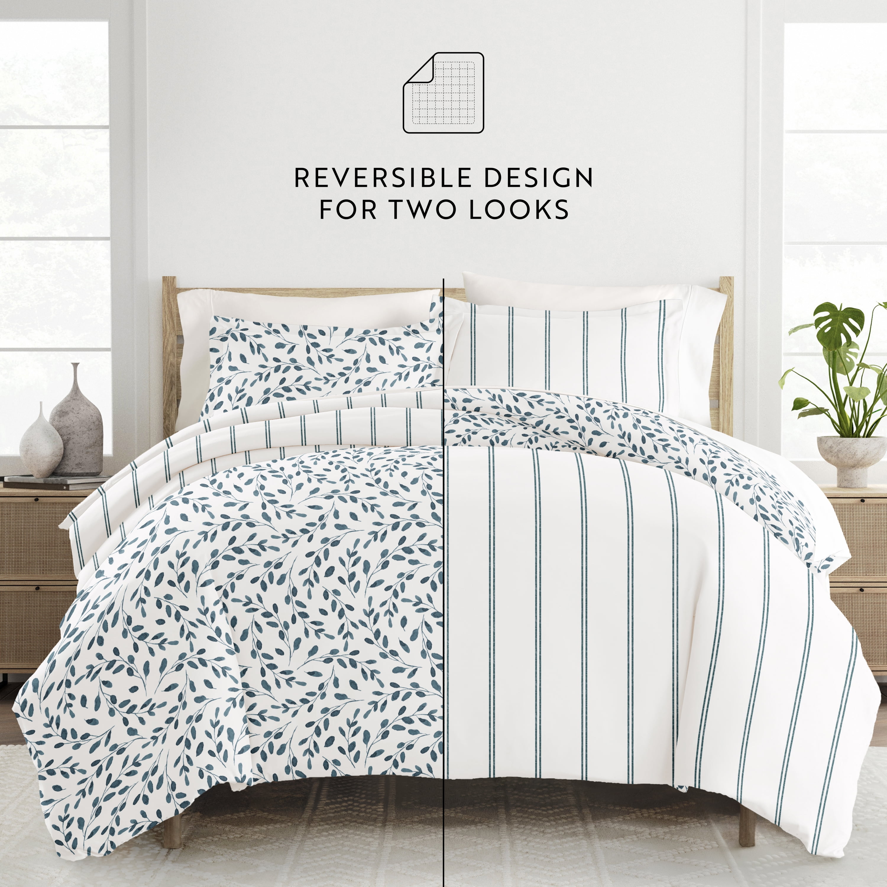 Noble Linens Watercolor Vines Blue 3-Piece Patterned Duvet Cover Set, King