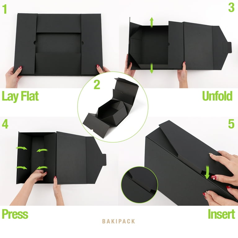 BAKIPACK Black Gift Box with Lid , Reusable Collapsible Gift Box, 9x6.5x3.8 inches(No Magnetic, No stickers, Matte)