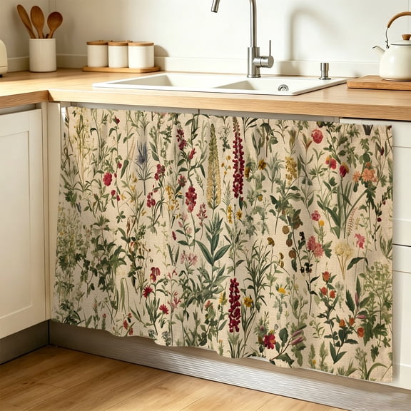 Rustic Botanical Cabinet Curtains for Shelves, Vintage Floral Wildflower Privacy Curtain for Closet Self Adhesive, Dust-Proof Drapes for Closet Storage Room Classroom Doorway, 32"W x 55"L