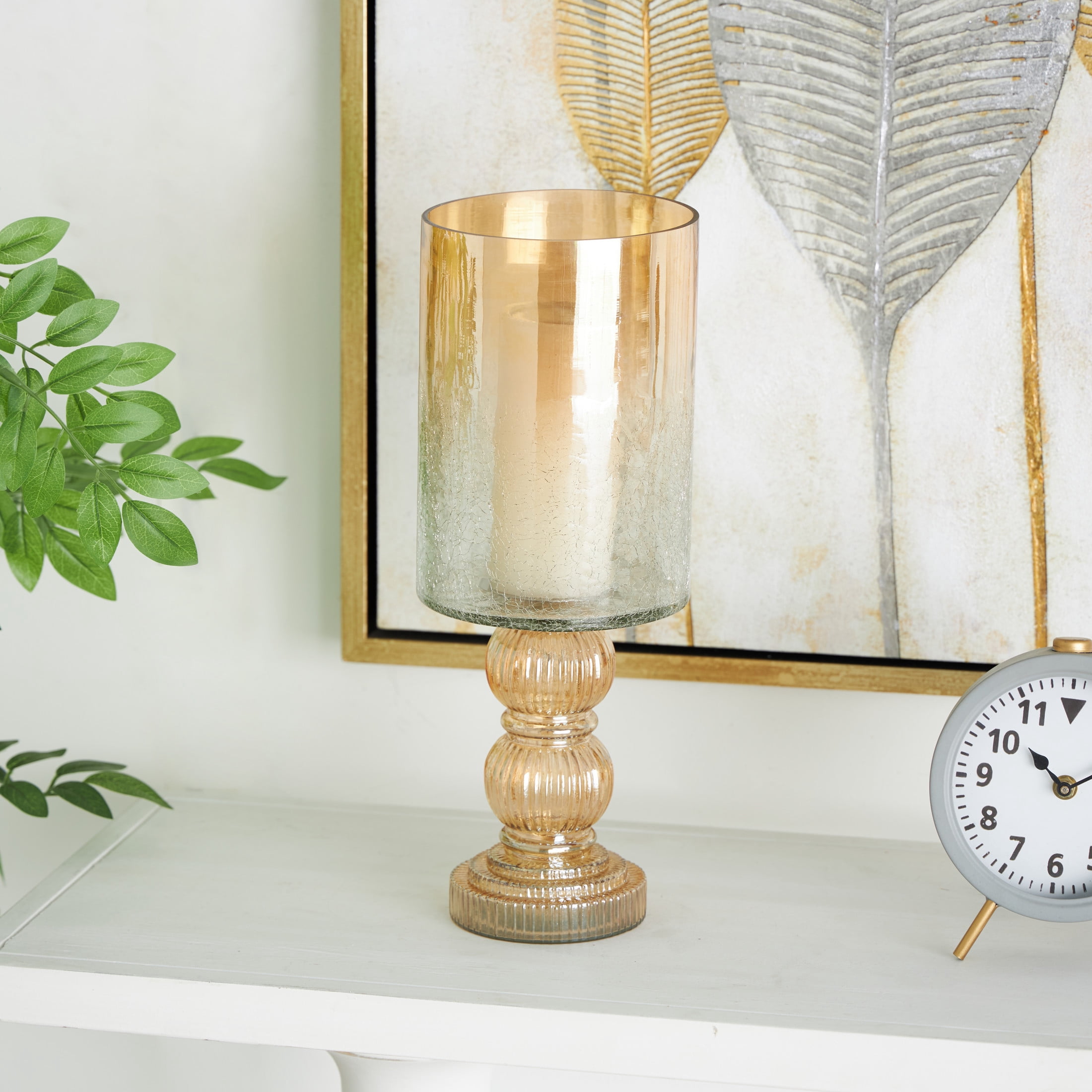 DecMode Gold Glass Handmade Turned Style Pillar Hurricane Lamp with Faux Mercury Glass Finish