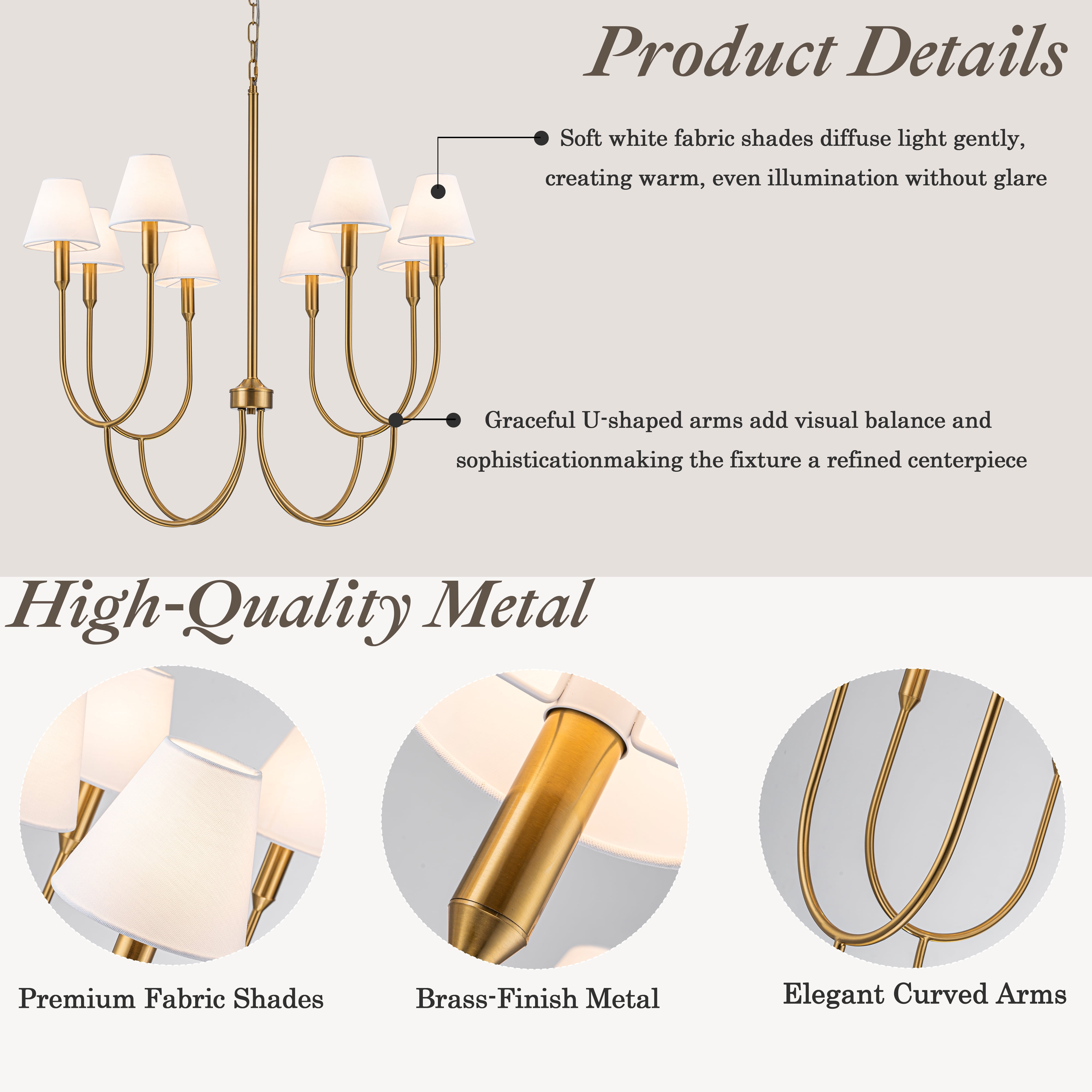 8-Light 32-Inch Mid-century Modern Satin Brass Large Chandelier with White Linen Fabric Shades For Dining Room or Foyers