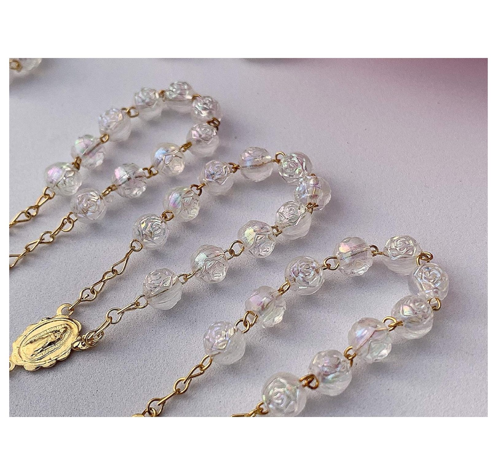 100 mini rosaries baptism favors wholesale Clear acrylic with AB finish/recuerdos para bautizo en color clar0 con terminado tornasol/Christening Favors/communion favors