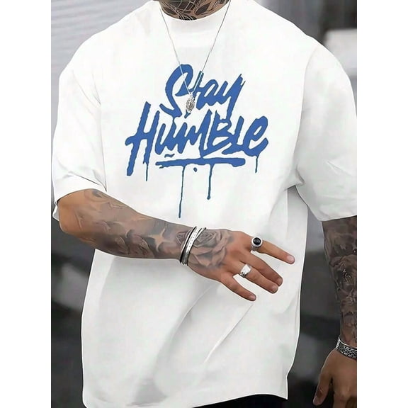 Stay Humble Blue Letter Pattern-Shirt, Men's Everyday Cotton-Shirt, 220g Cotton, Comfortable, Running Errands,Lounging,Outdoor Fun 2026 Summer Fashion