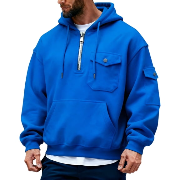 BangWanChi Mens Hooded Workout Shirts Men's Fashion Long Sleeve Drawing Pocket Button Half Zipper Top