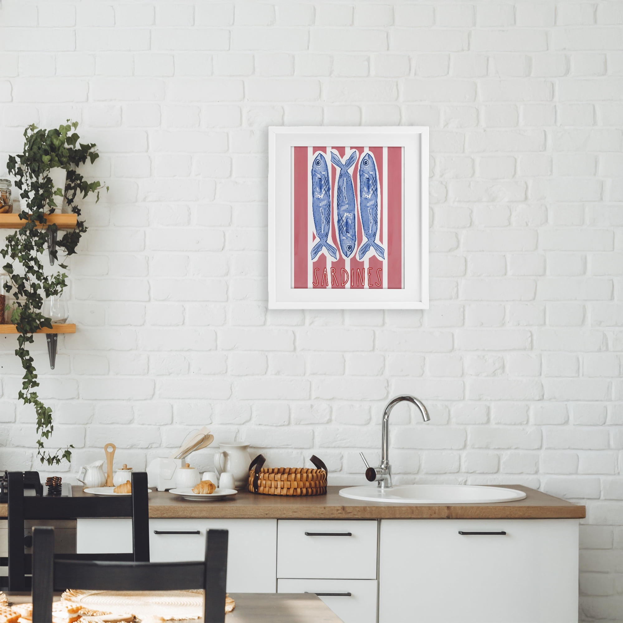 Stupell Industries Americana Sardines on Pink Stripes White Framed Print Under Glass, design by Nola James