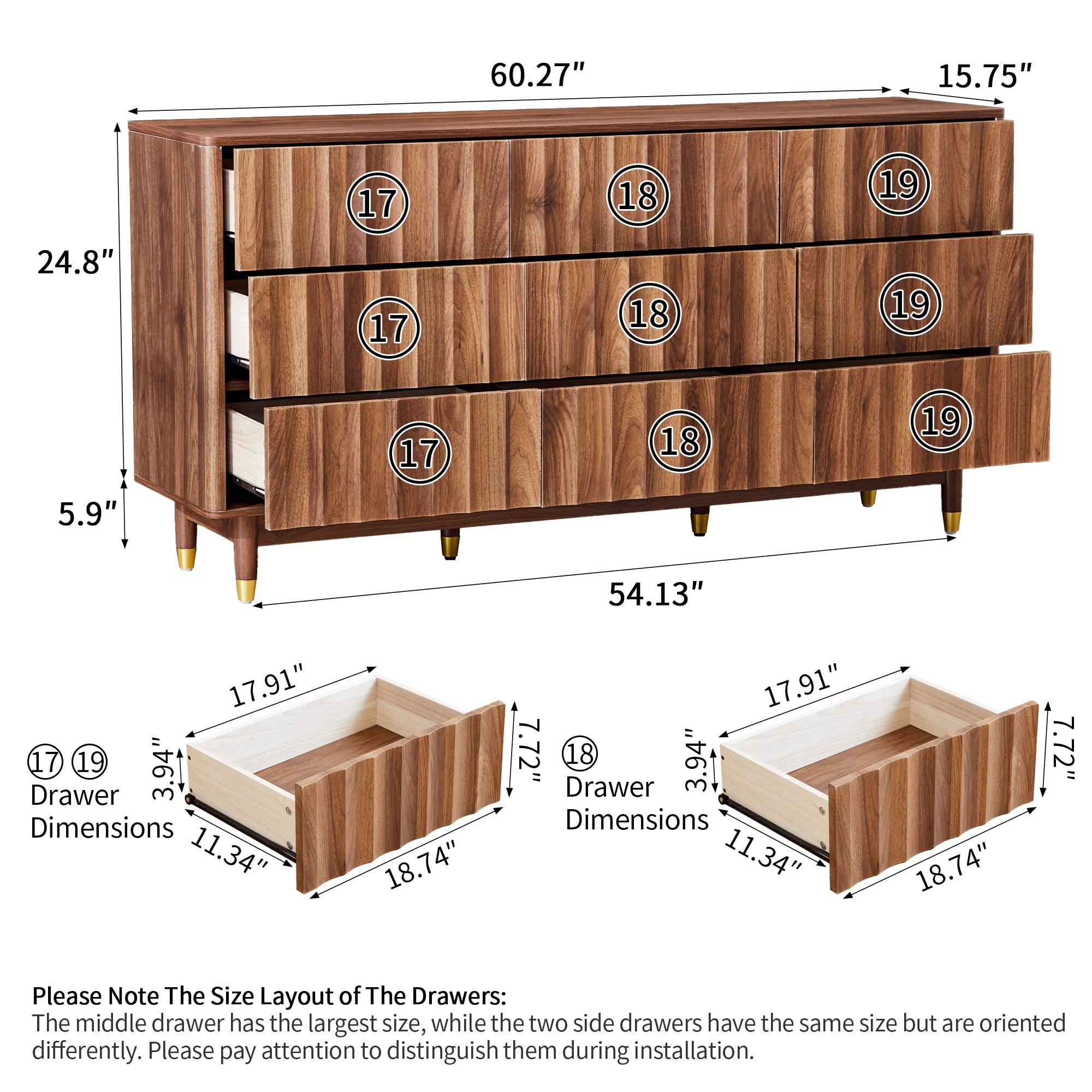 LEFHDA Fluted 9-Drawer Dresser for Bedroom with Deep Drawers, 60" Wide Mid Century Modern Chest of Drawers, Wooden Dresser TV Stand for Living Room, Hallway, Closet (Walnut)