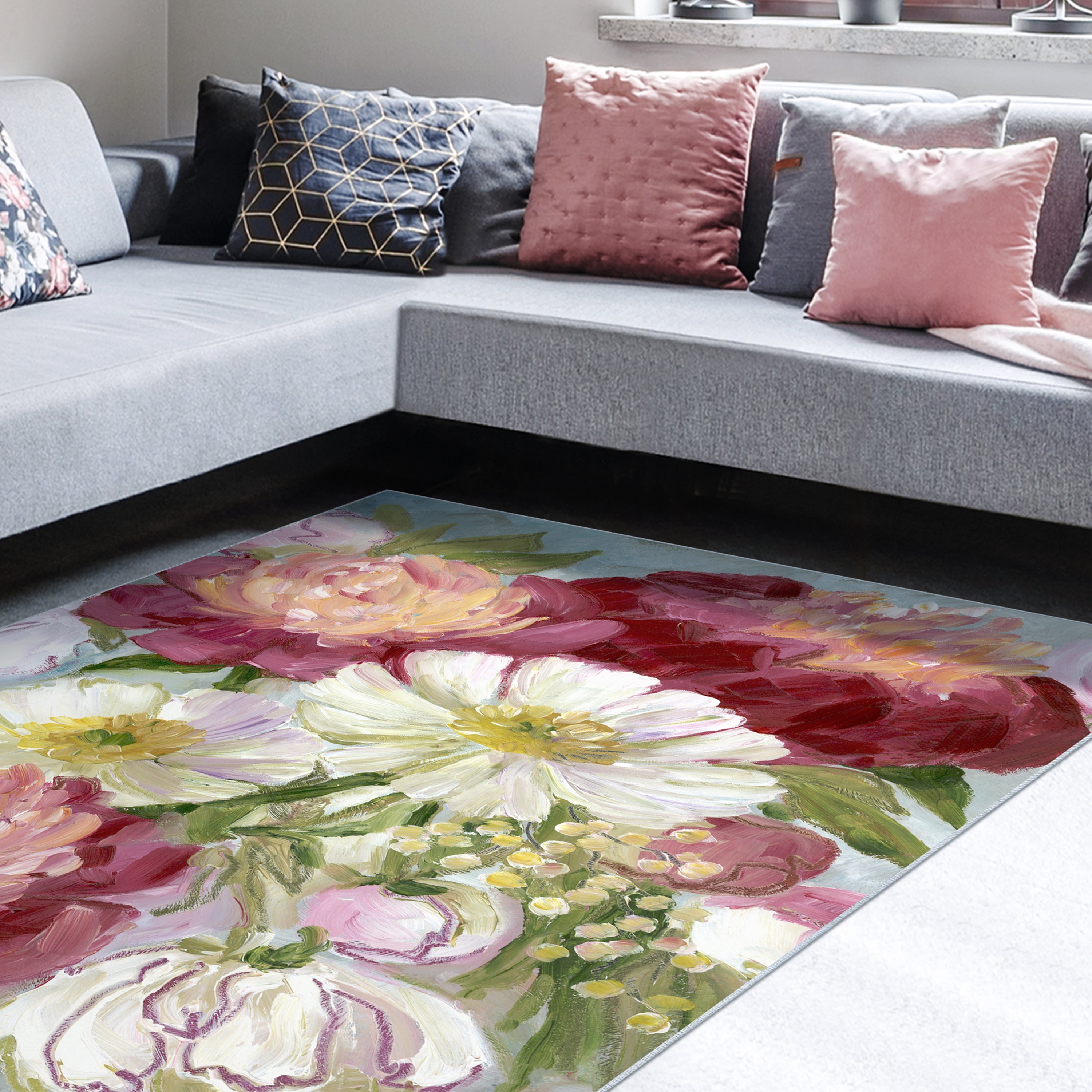 Eleanora painterly florals Washable Art Area Rug size 5'x8', Power-loomed, Heavenly Softness with Non-Slipping Backing