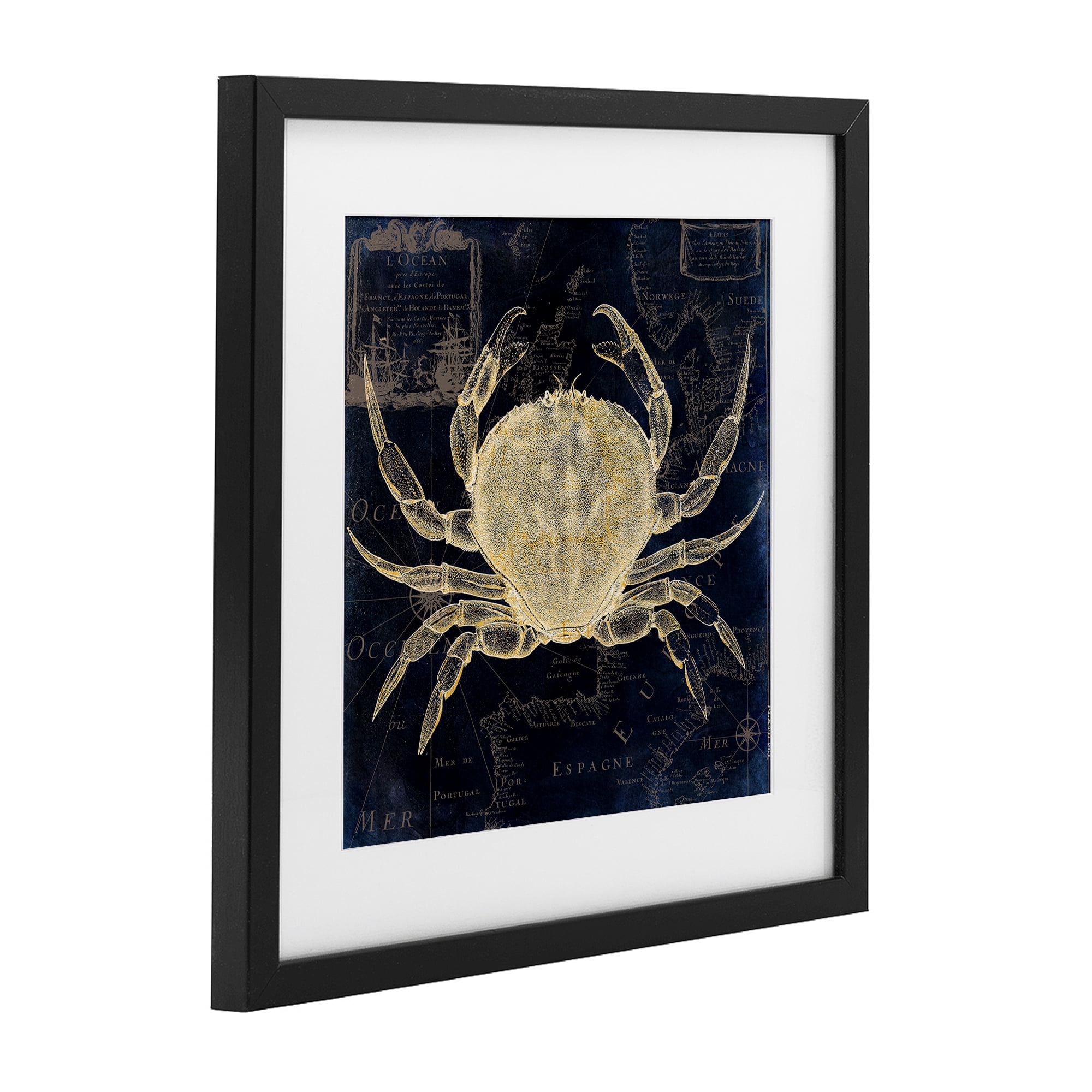 Crab Contour over Map Black Framed Print Under Glass, design by Sasha