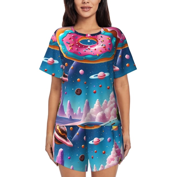 Fotbe Colorful Donut Conjunto de Pijama Estampado para Mujer, 2 Piezas, Ropa de Dormir con Camiseta de Manga Corta y Shorts Suaves-XX-Large