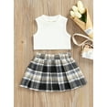 thumbnail image 2 of Faithtur Toddler Girl Fashion Outfits Set, Solid Color Ribbed Sleeveless Tank Tops + Elastic Waist Contrast Color Plaid Pleated Skirt, 2 of 9