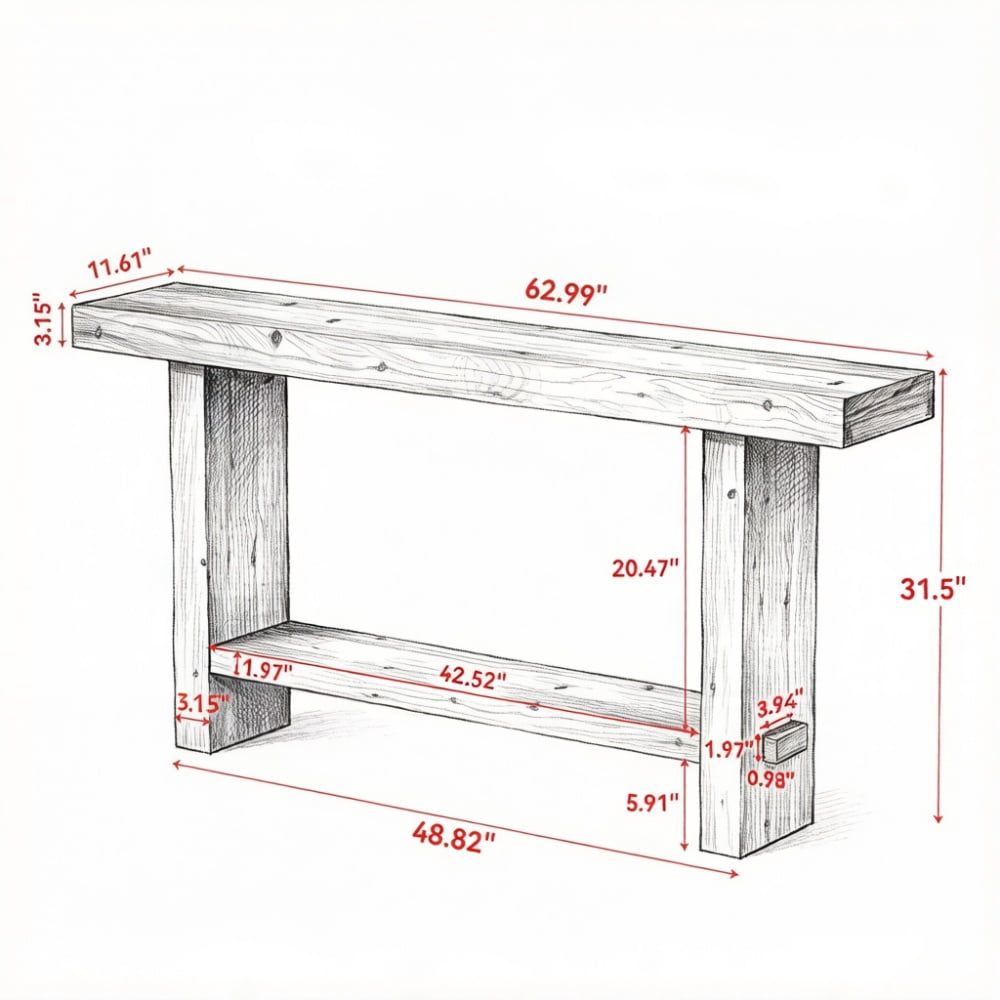 Solid Wood Farmhouse Console Table, 2-Tier Narrow Entryway Sofa Table with Natural Grain & Knots for Hallway Plant Display