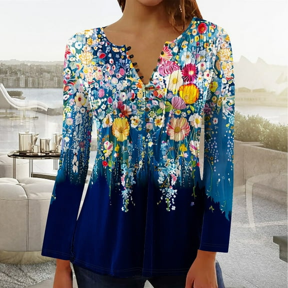 YOTAMI Women's Fall Shirts Button V-Neck Floral Print Ruffled Plus Size Tops for Home Long Sleeve Lightweight Clothes Multicolor L
