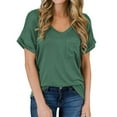 thumbnail image 2 of Camiseta de mujer con cuello en V, manga corta, bolsillo, blusa, top informal de verano, verde oscuro, S seitruly AP001345-21, 2 of 5