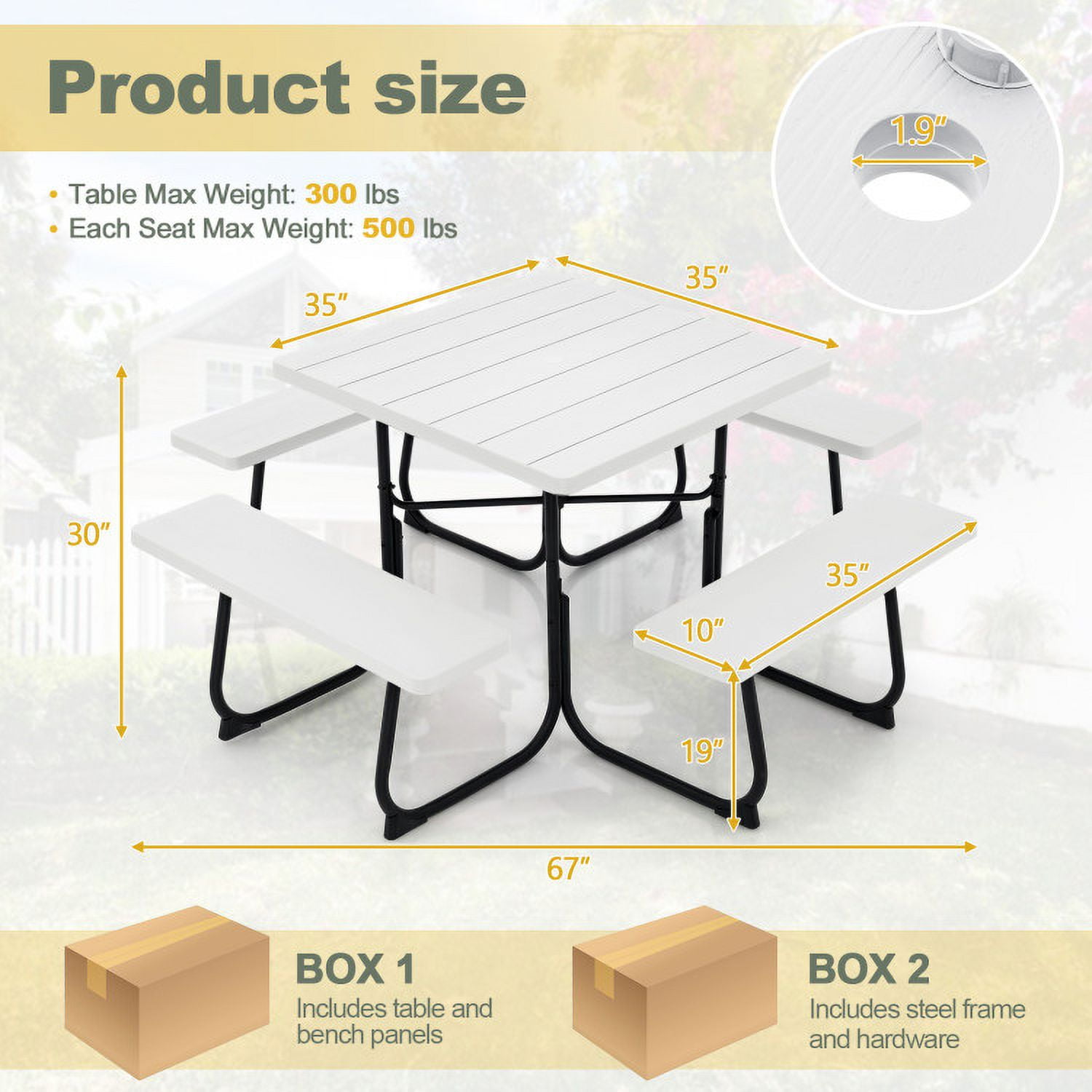 Aimee Lii Outdoor Picnic Table with 4 Benches and Umbrella Hole, Outdoor Patio Furniture, White
