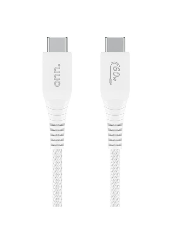 onn. USB2.0 Type C to C Fast Charging and Data Cable for iPhone 15, Samsung Galaxy, White, Single Pack