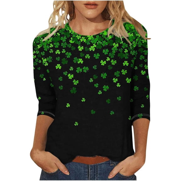 CONZONE St. Patrick's Day Women's T-Shirts 3/4 Sleeve T-Shirts for Women Trendy Clover Graphic Soft Loose Fit 2026 Fashion Tops for Lady