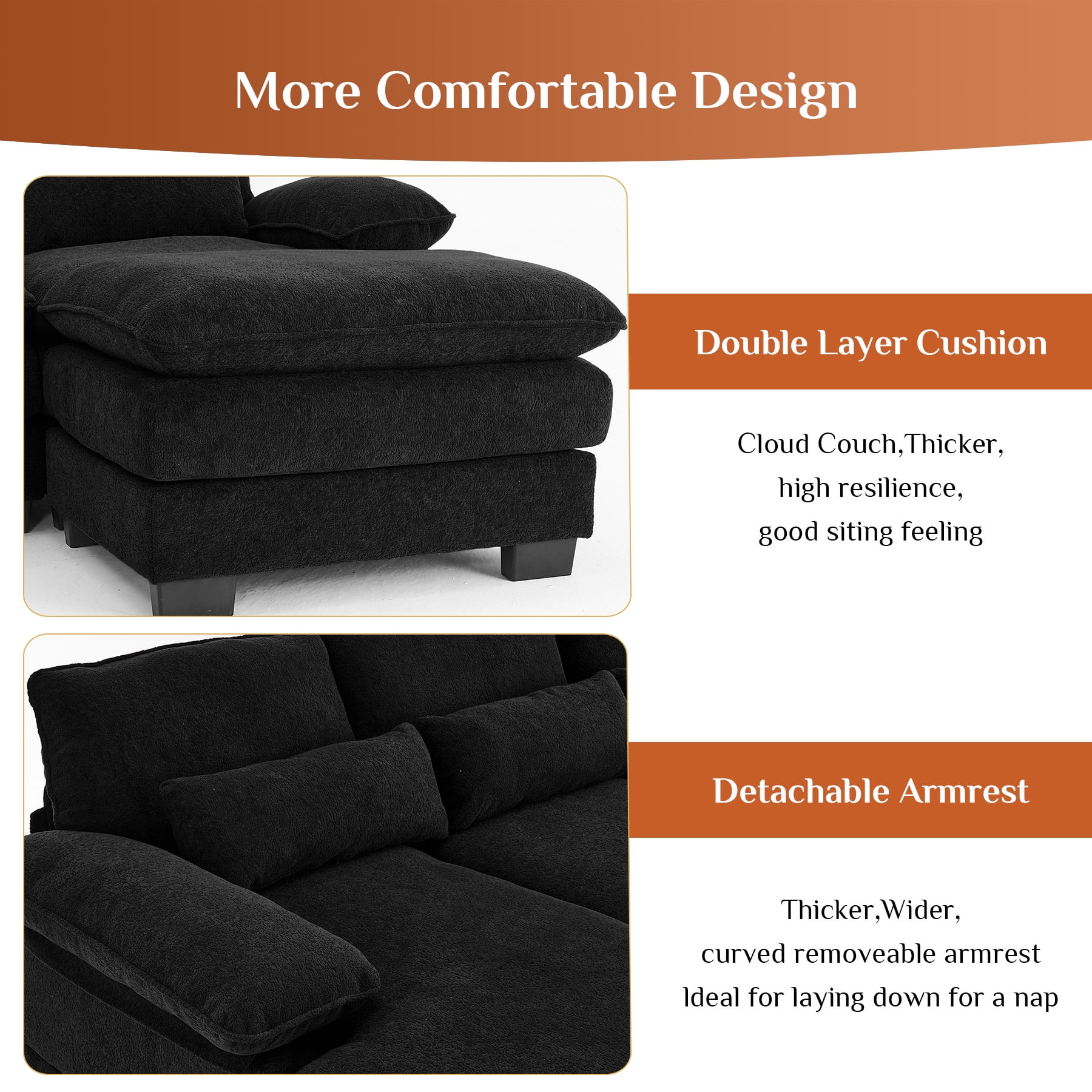 Wiilayok 114" U Shaped Sectional Sofa with Chaise Lounge and Ottoman,Chenille Modular Sectional Sofa Couch for Living Room,Black