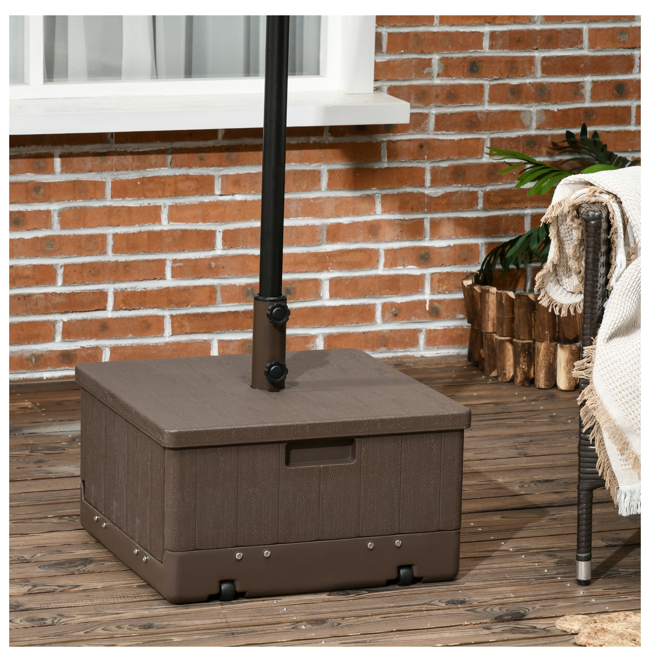 3-in-1 Outdoor Umbrella Base, Coffee End Table, Flower Box Planter, 175lbs Capacity Patio Umbrella Stand Table with Wheels and Handles, Brown