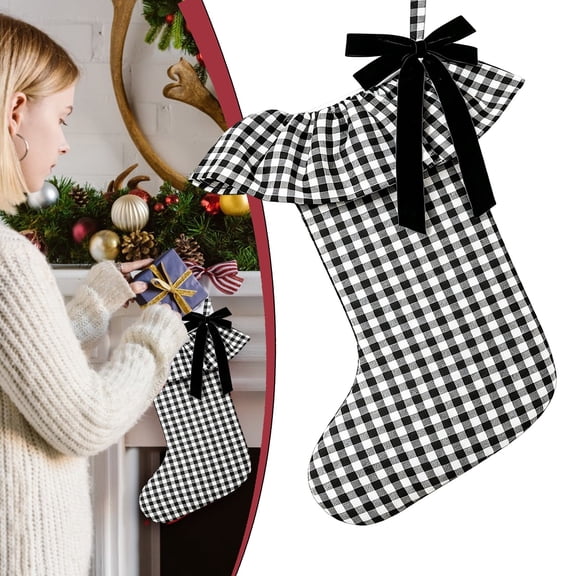 Christmas Stockings,18x10 Inch Ruffled Cuff Tartan Xmas Stocking Hanging Ornaments,Retro Woven Plaid Xmas Stockings Decorations,Reusable Vintage Christmas Stockings Hanging,Bow Accent Stocking‑Sack