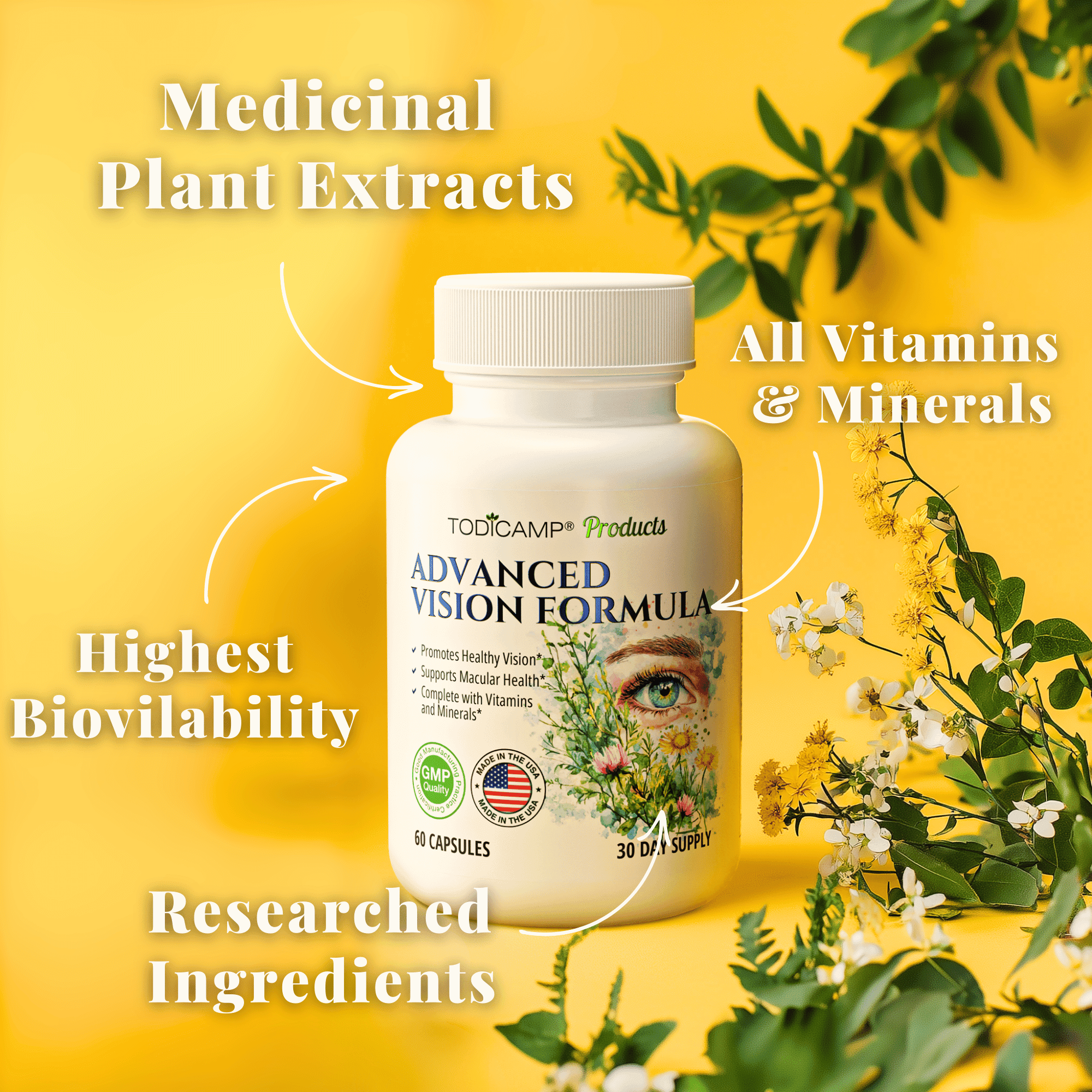 TODICAMP Vision Support Supplement with Lutein and Zeaxanthin Supplements, Lycopene Supplement & Bilberry Supplement for Eyes, Macular Health, Eye Pressure Support - Eye Vitamins for Seniors & Adults