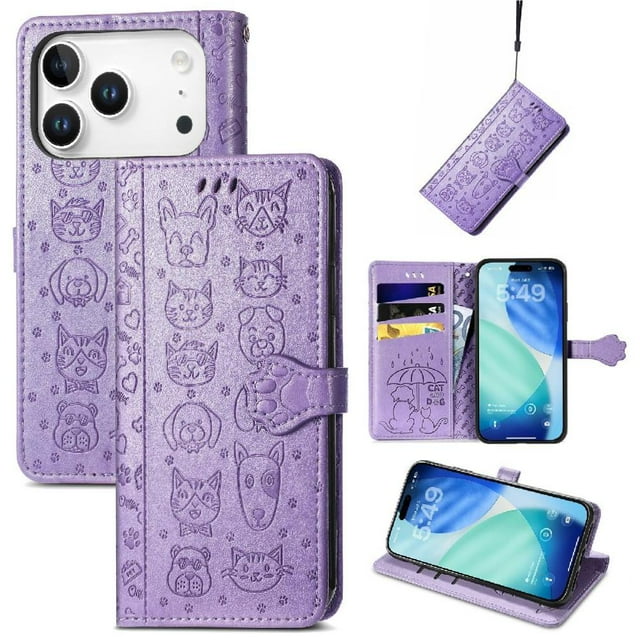 Funda Cartera FOXDOCK para iPhone 17 Pro Max , Flip PU con Relieve de Gatos y Perros, Tarjetero y Soporte