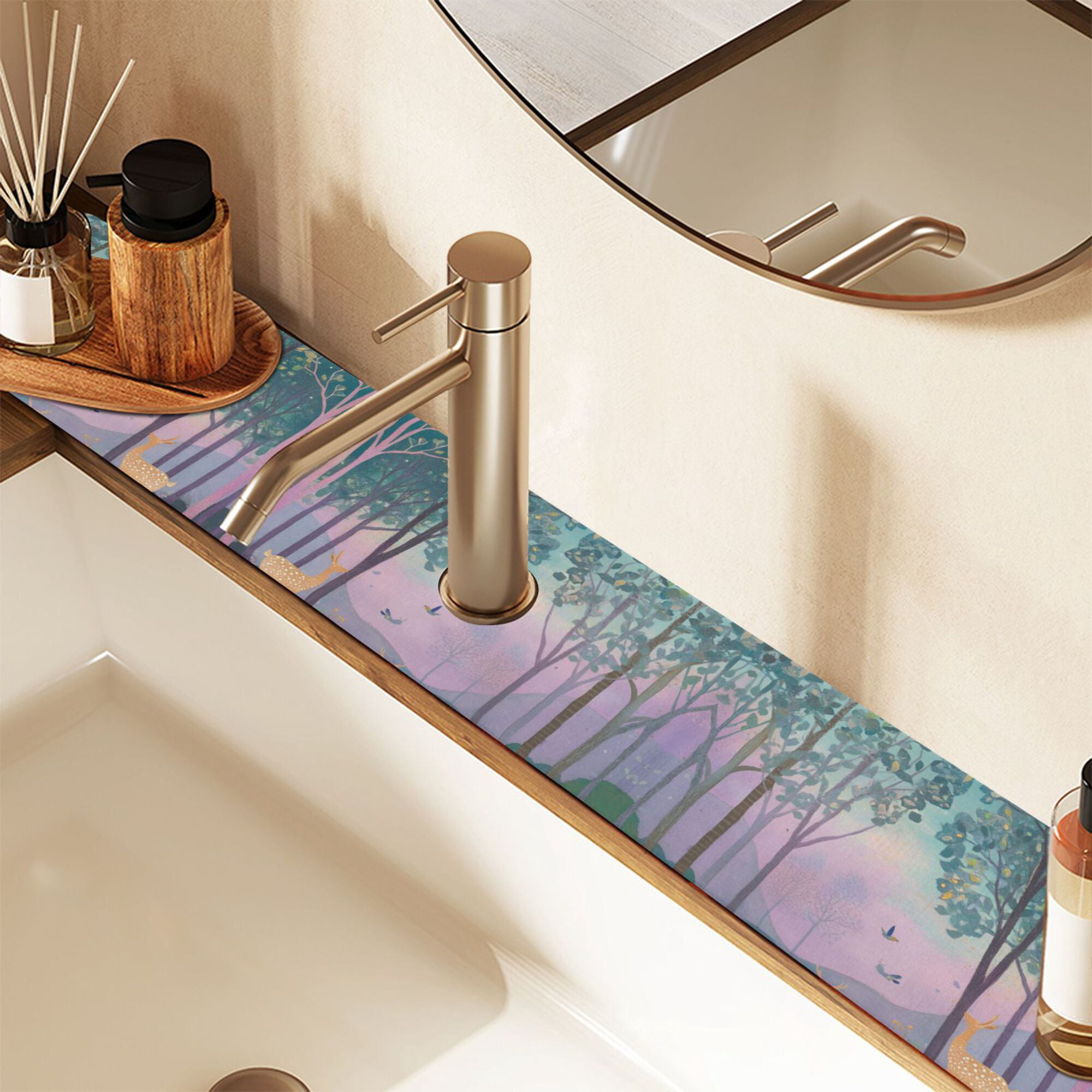 Yayeee Faucet Mat for Kitchen Sink 30" Diatomite Long Splash Guard Pad, Purple Forest Scene, 2 Pack