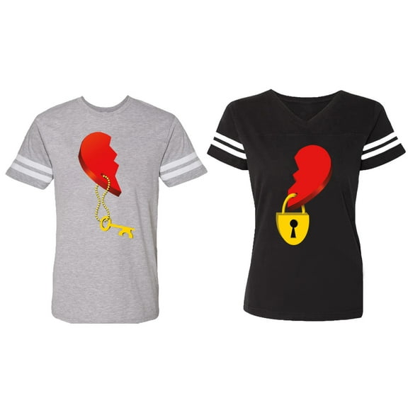 Heart Key Lock Matching Couple Cotton Jerseys (Men Heather / Women Black) (Men S / Women S)