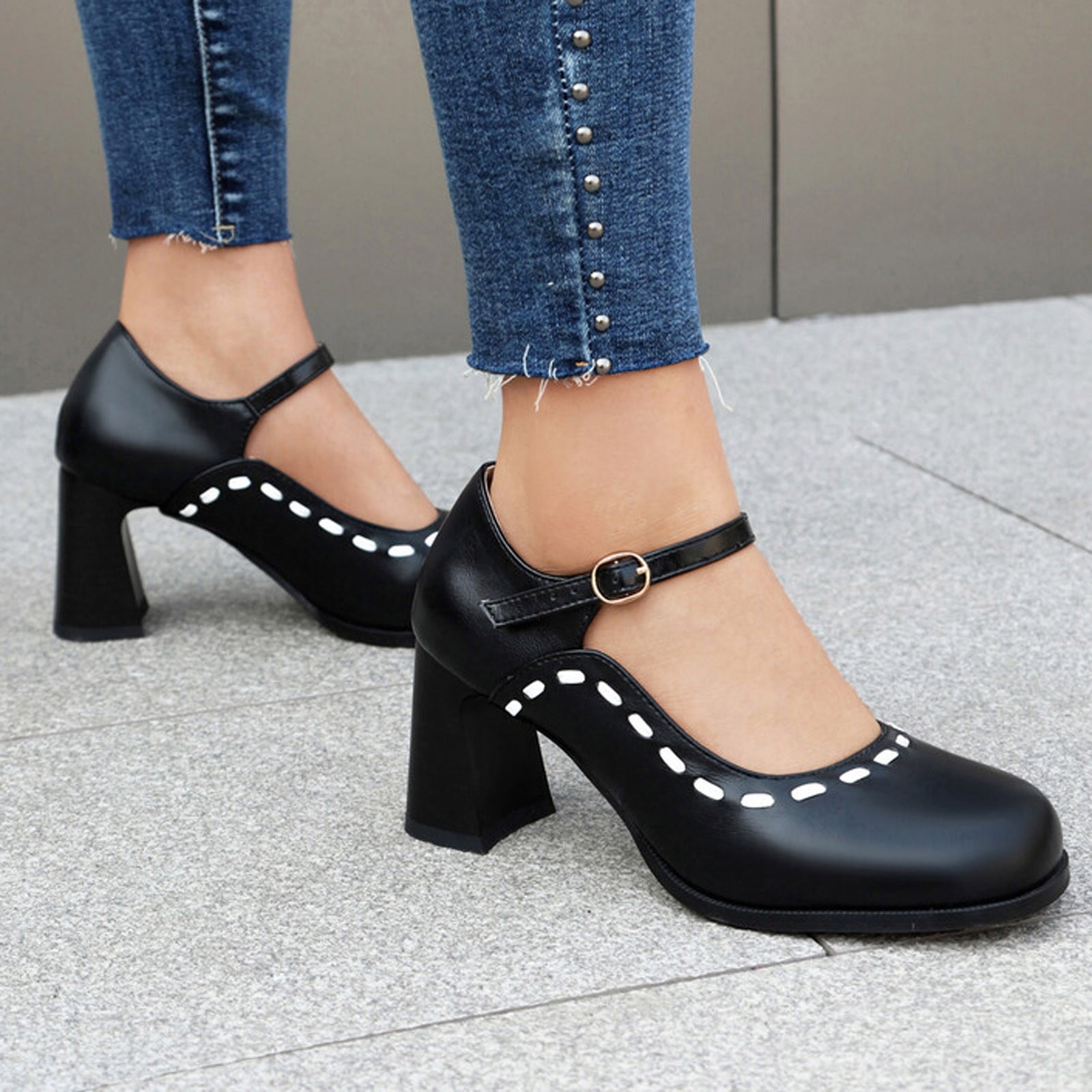 hopeusnice Women's Mary Jane Shoes Block Heel Buckle Closure