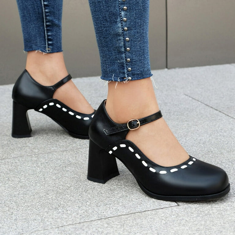 hopeusnice Women's Mary Jane Shoes Block Heel Buckle Closure