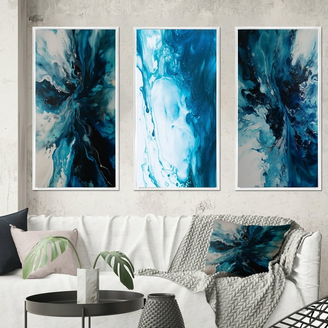 Designart "Aqueous Whimsy in Teal and Black II" Abstract Framed Wall Art Set Of 3 - Teal Abstract Frame Gallery Set For Office Decor