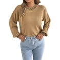 thumbnail image 3 of Women Casual Knit Crew Neck Contrast Striped Lantern Long Sleeve Loose Knit Pullover Sweater Khaki M, 3 of 9