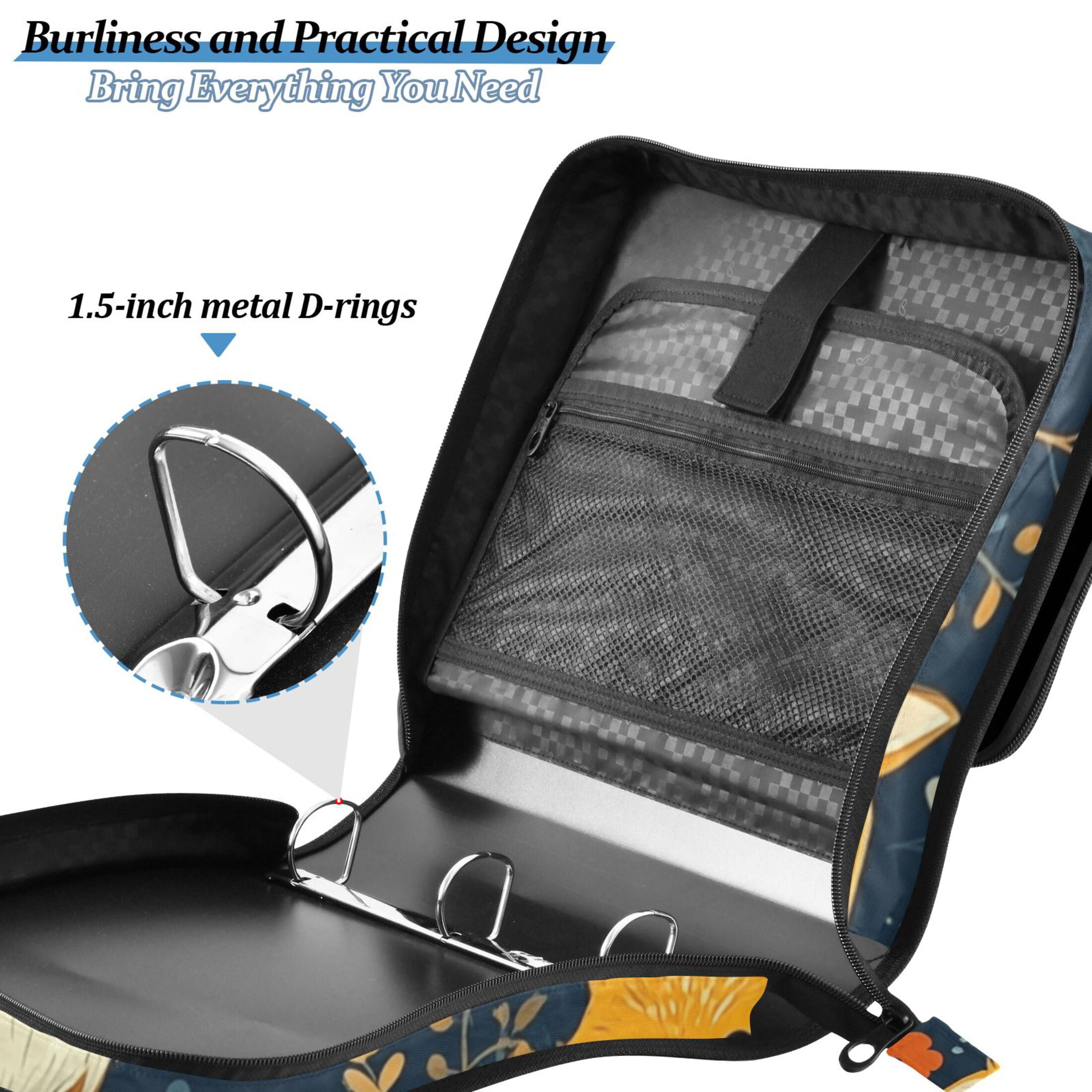 3 Ring Zipper Binder with Shoulder Strap Waterproof Trapper Keeper 2 Inch D-Ring 500 Sheets Capacity Adorable Foxes with Flowers Leaves
