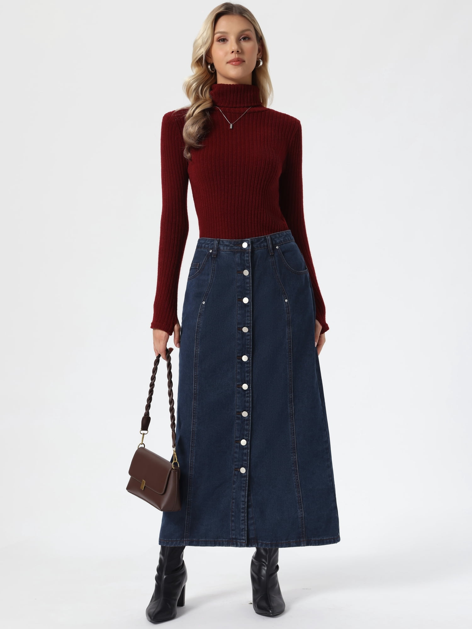DARING DIVA Women's Denim Skirt Midi Length Button Down Jean Skirts L Deep Blue