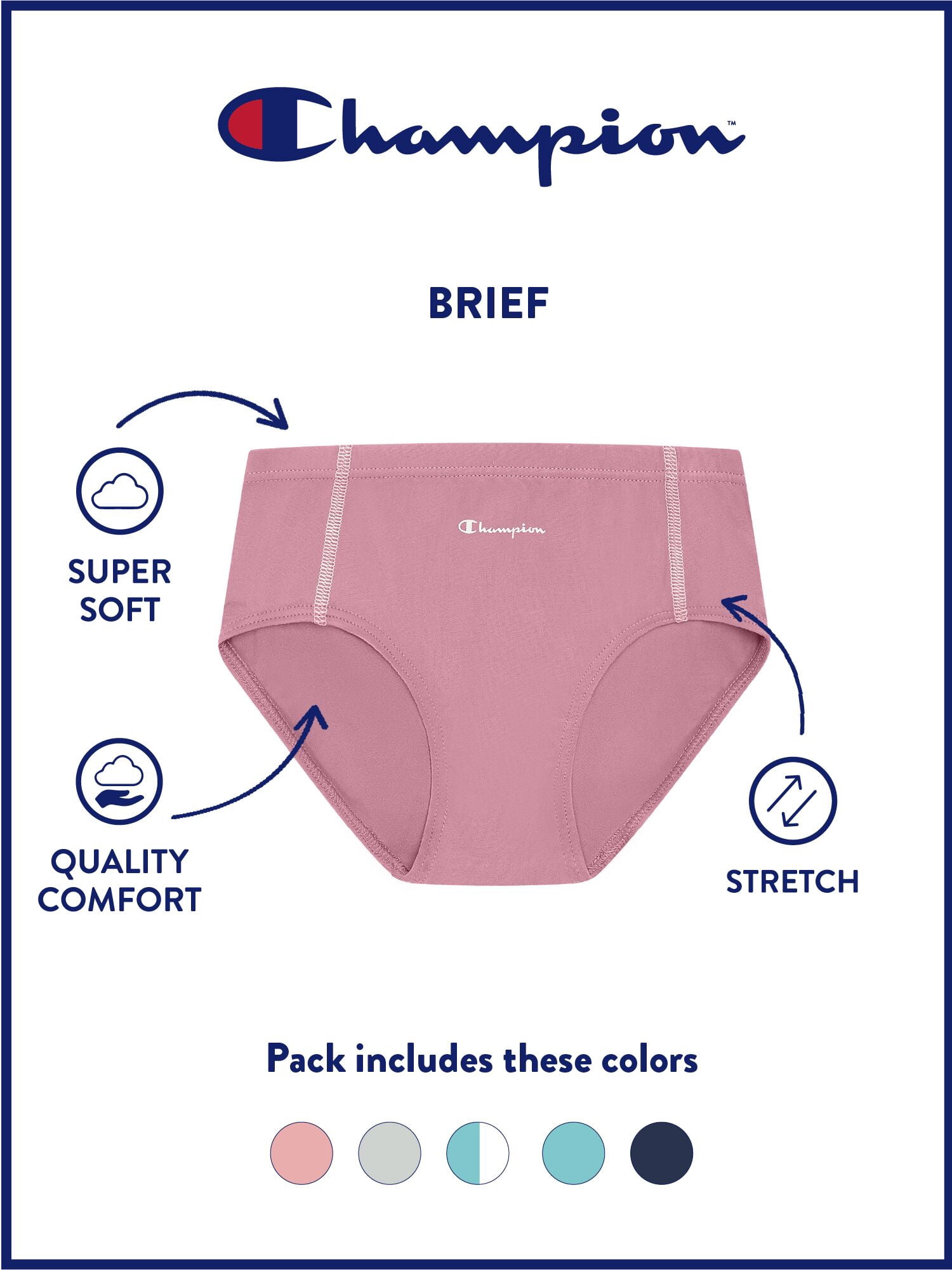 Champion Girls’ Softest Touch Classic Briefs, 5 Pack, Sizes XS–XL