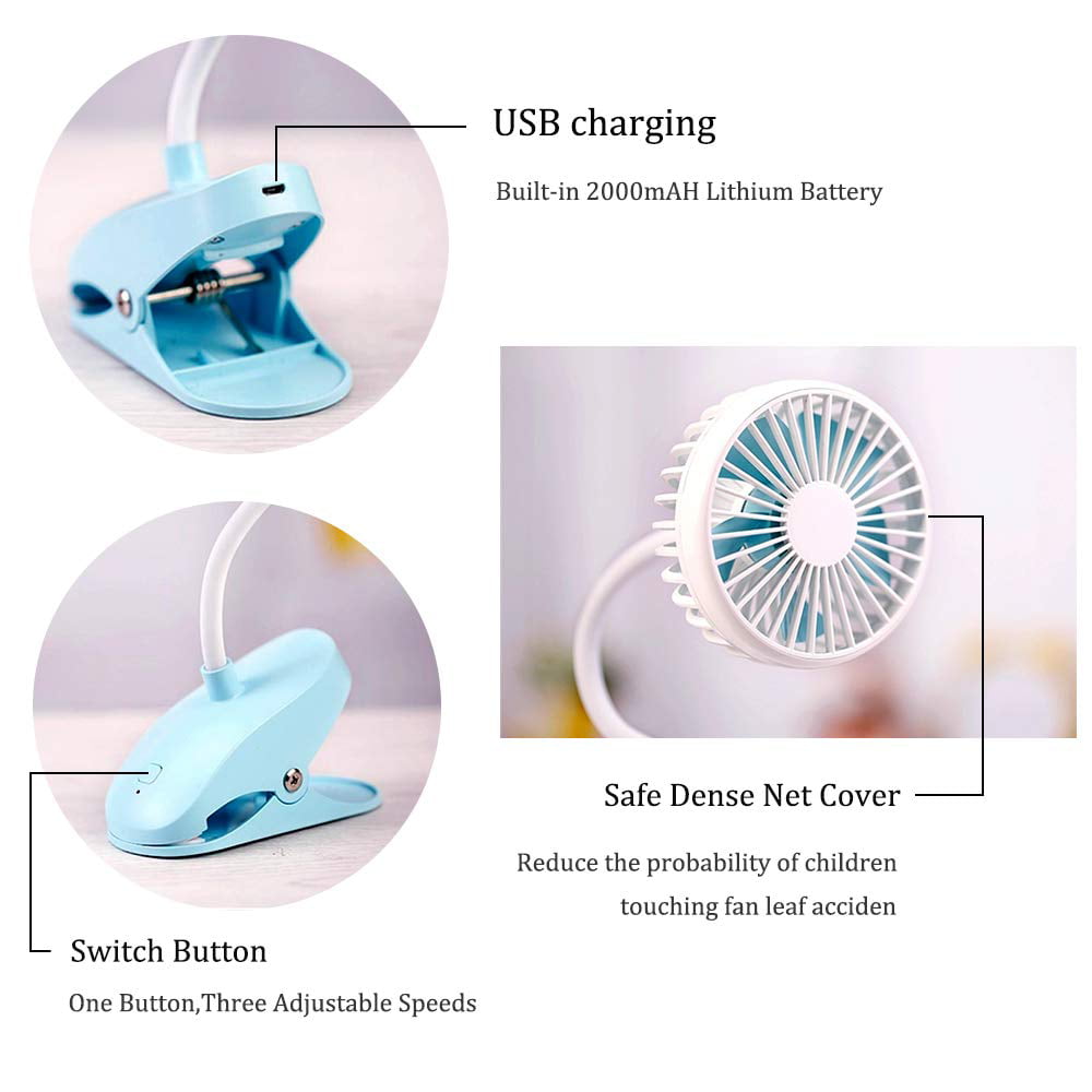 Flexiable USB Mini Fan with Clip Bendable Portable Rechargeable Operated Fans for Baby Stroller Office Desk Bedside Reading 