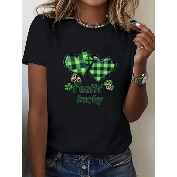 1pc, Saint Patrick'S Day Four Leaf Clover And Lucky Print Graphic Crew Neck T-Shirt - Fashionable Print T-Shirt For Women - Casual Short Sleeve Crew Neck Top - Lightweight & Breathable For All Season