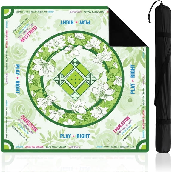 Green & White Floral Mahjong Mat 31.5"x31.5" with Rules – No Creases Rolled Shipping, Non-Slip Noise Reducing Mat with Carry Bag for Poker, Card & Board Games