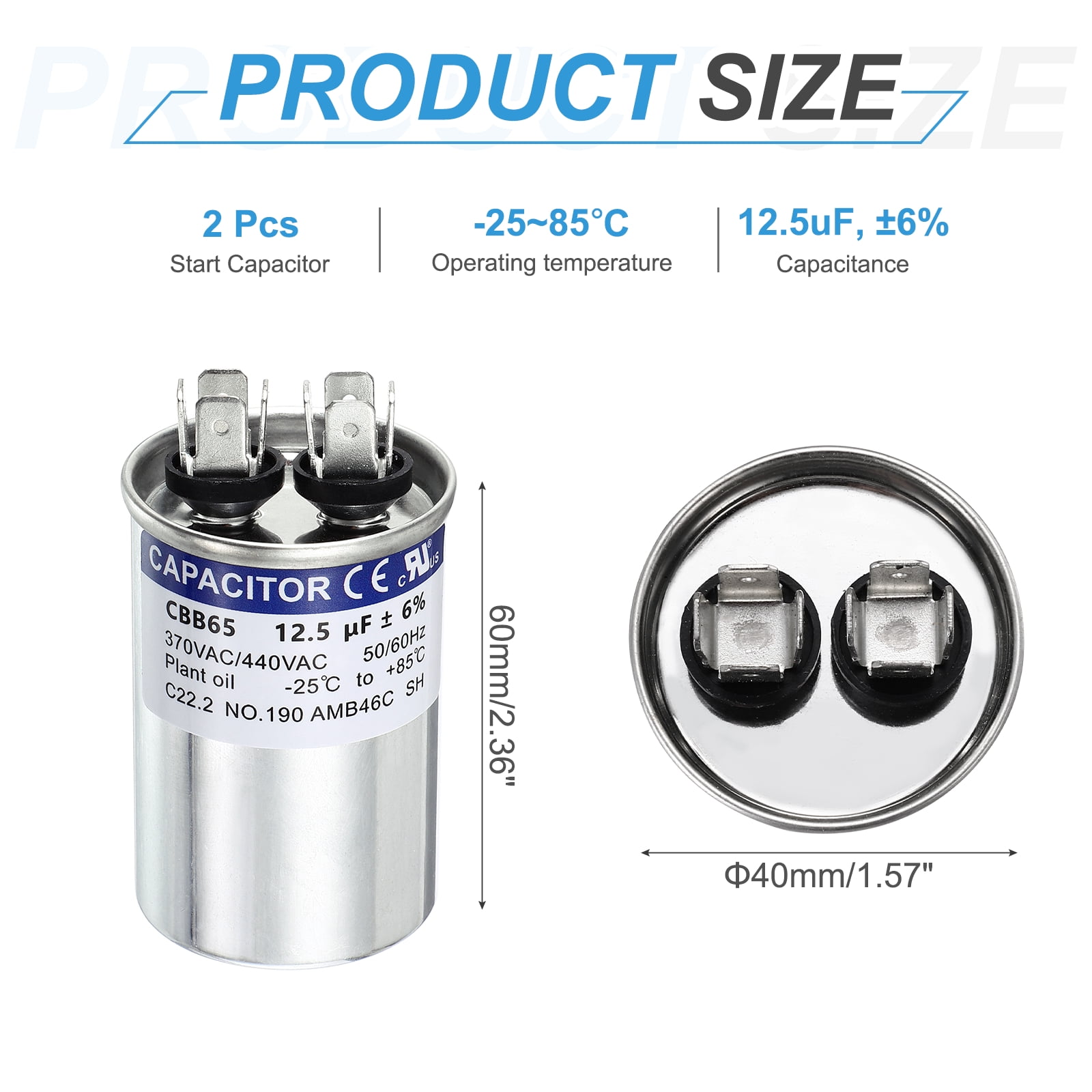 Uxcell 2Pcs 12.5MFD CBB65 Run Start Capacitor 12.5uF, 370/440V Round AC Capacitor for AC Motor Run, HVAC, Air Conditioner, Condenser Motors