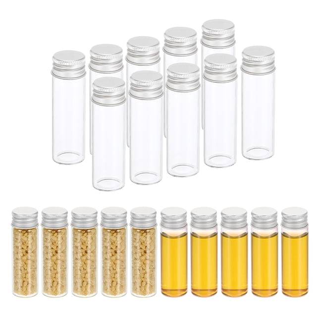 Frascos de vidrio claros de 15ml, paquete de 20 frascos de muestra de líquido pequeños con tapas de tornillo, botellas a prueba de fugas, frascos vacíos, contenedor de polvo, plateado